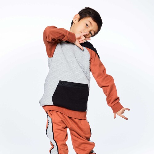 Quilted Hooded Fleece Top With Zipper Pocket Light Heather Grey, Black And Brown Perspective: top