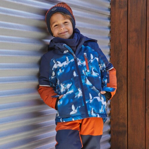 Two Piece Snowsuit Blue With Printed Penguins And Orange Perspective: top