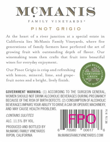 McManis Family Vineyards Pinot Grigio White Wine Perspective: top