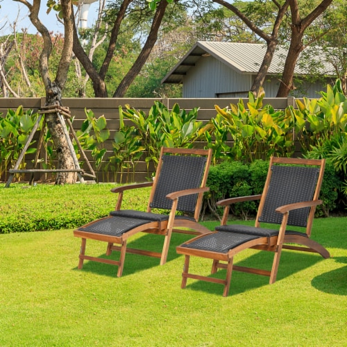 Set of 2 Folding Patio Acacia Wood Deck Chair Rattan Chaise Lounge Chair w/ Footrest, 1 unit