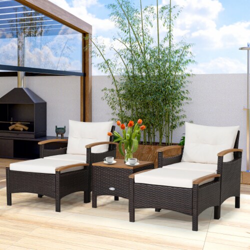 5PCS Outdoor Patio Rattan Furniture Set PE Wicker Lounge Chair w/ Wood