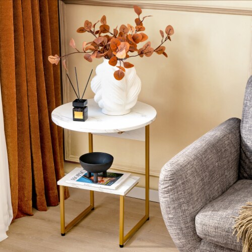 2-Tier Side Table Nightstand End Table Coffee Table w/ G-Shaped Steel Frame Perspective: top