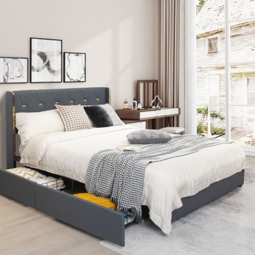 Gymax Full Upholstered Bed Frame w 4 Rolling Drawers High