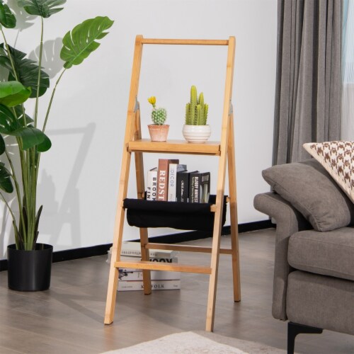 3 Step Ladder Foldable Bamboo Step Stool 330Lbs Capacity with Tool Storage Bag Perspective: top