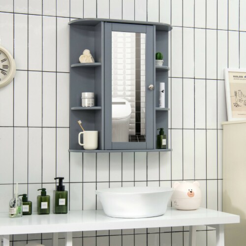 Bathroom Cabinet Single Door Shelves Wall Mount Cabinet W/ Mirror Grey Perspective: top