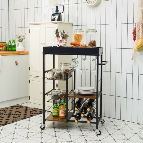 4-Tier Kitchen Bar Cart Rolling Serving Trolley Wine Rack Removable Tray Basket Perspective: top