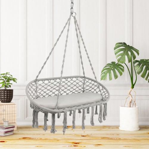 2 Person Hanging Hammock Chair w/ Cushion Macrame Swing 330 lbs Capacity Grey Perspective: top