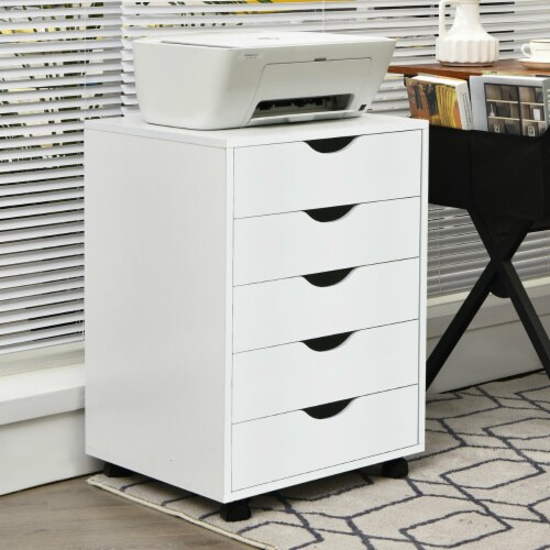 5 Drawers Chest, Wood Storage Dresser with Wheels, Craft Storage Organizer and Storage Drawer Office Drawer Unit - White