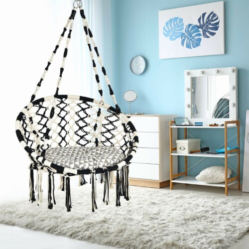 Hanging Hammock Chair with Cushion Macrame Swing Cotton Rope Indoor Outdoor Perspective: top