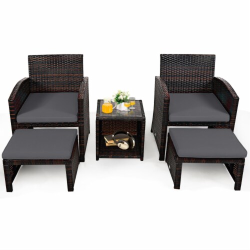 5PCS Rattan Patio Furniture Set Chair Ottoman Set w Grey