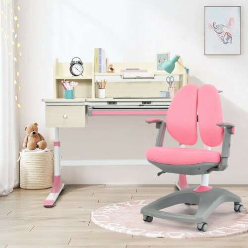 WGLAWL Kids' Study Desk Chair Sets, Pink, Adjustable Height, Ergonomic  Design, Large Storage Drawer, Built-in Bookshelf, Bedroom Furniture