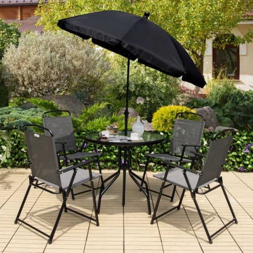 6PCS Patio Garden Dining Set w Round Table 4 Folding Chairs