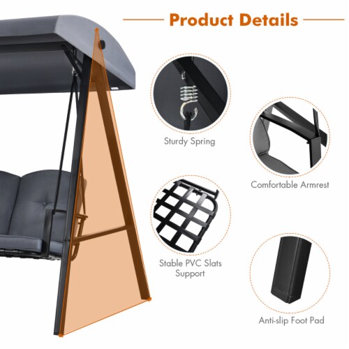 3-Person Patio Porch Swing Cushioned Outdoor Swing Chair w/ Adjustable Canopy Perspective: top