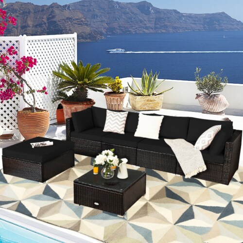 Gymax 6PCS Rattan Patio Sectional Sofa Set Outdoor Furniture Set w/ Black Cushions Perspective: top