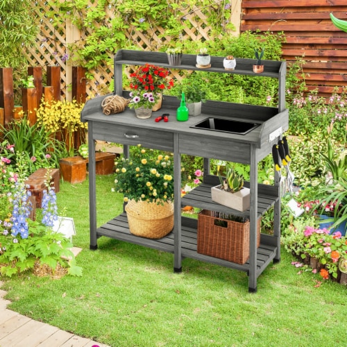 Outdoor Garden Potting Bench Lawn Patio Table Storage Shelf Work Station Grey 1 unit Foods Co