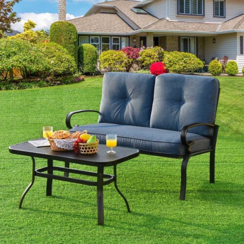 2PCS Patio Loveseat Table Set Conversation Sofa Set w Blue