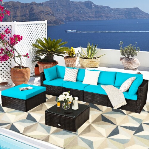 6PCS Rattan Patio Sectional Sofa Set Outdoor Furniture Set w/ Turquoise