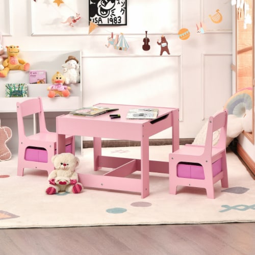 3 in 1 Kids Wood Table Chairs Set w/ Storage Box Blackboard Drawing Pink Perspective: top