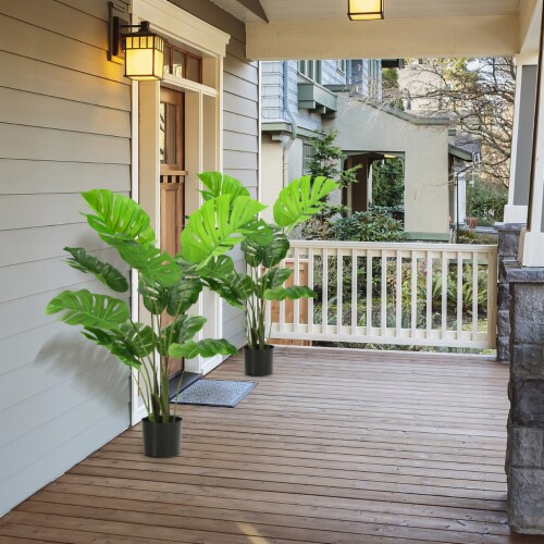 2 Pack Artificial Monstera Deliciosa Tree 4ft Faux Plant w/ Cement-Filled Pot Perspective: top