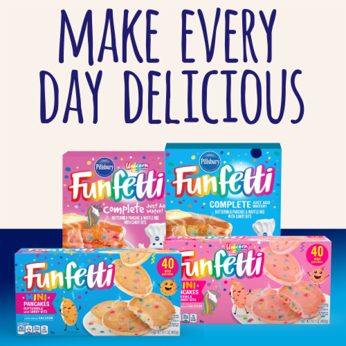 Pillsbury Funfetti Frozen Unicorn Pink Mini Buttermilk Pancakes with Candy Bits, 40 Count Pack Perspective: top