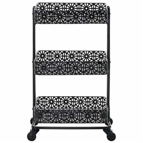 Pemberly Row 3 Tier Metal Serving Cart in Distressed Glossy Black Perspective: top
