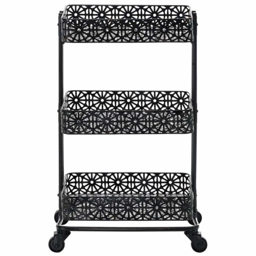 Riverbay Furniture 3 Tier Metal Serving Cart in Distressed Glossy Black Perspective: top