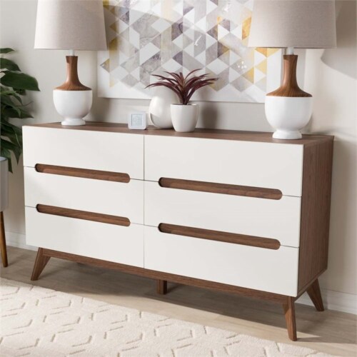 Levan Home Modern 6 Drawer Double Dresser in White and Walnut Perspective: top