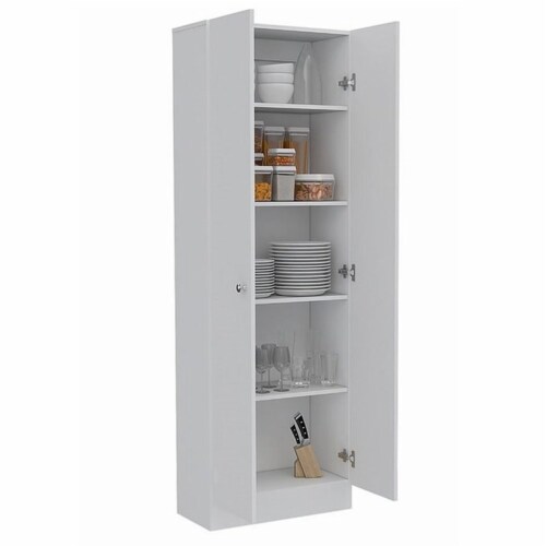 Levan Home Modern Engineered Wood Tall Utility Storage Cabinet/ Pantry in White Perspective: top
