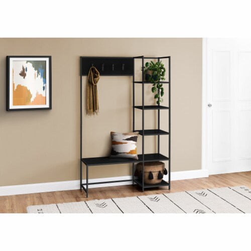 Wooden Hallway Coat Rack with Five Steel Hooks and Hinge Storage