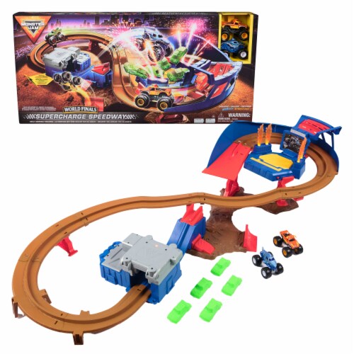 Monster Jam Supercharge Speedway & Monster Trucks Light Up World Finals Track Playset Perspective: top