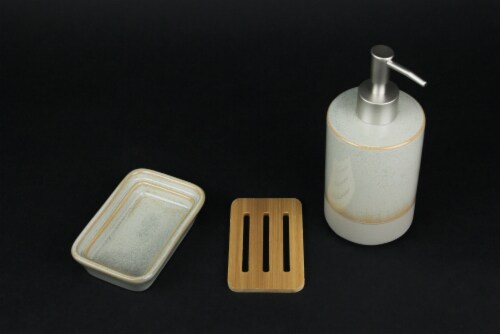 Taupe Ceramic Soap Dish and Lotion Dispenser Kitchen / Bath Accessory Set Perspective: top