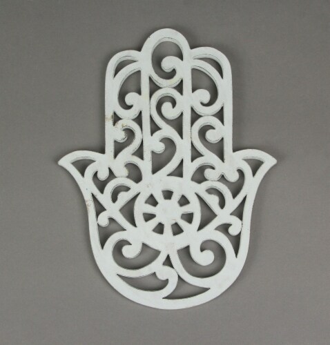 Set of 2 Hand Carved White Wood Hamsa Wall Hangings Plaques 11.75 Inches High - White Perspective: top