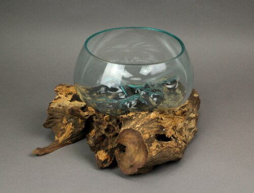 Blown Molten Glass Decorative Bowl / Terrarium On Teak Driftwood Base Perspective: top