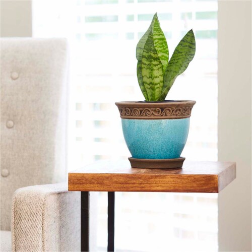 Southern Patio Cadiz 8 Diameter Crackled Ceramic Planter Pot with Saucer, Teal Perspective: top