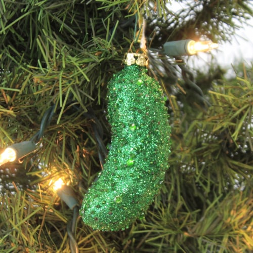 Holiday Ornament Jeweled Pickle Glass Glittered Green Cucumber Go3003 Perspective: top