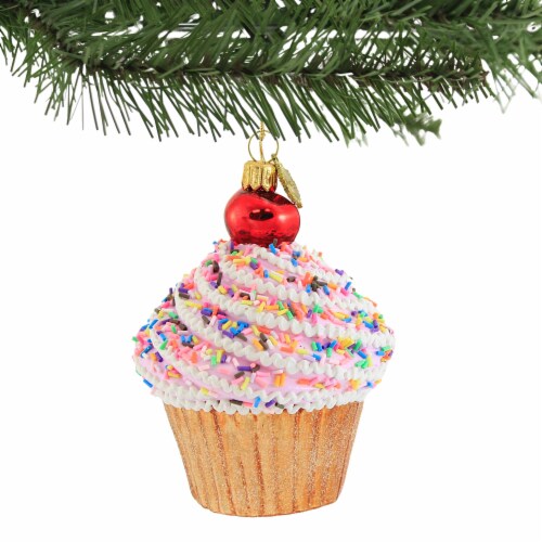 Huras Rainbow Sprinkled Cupcake Glass Ornament Sweets Pastry Cake S543 Perspective: top
