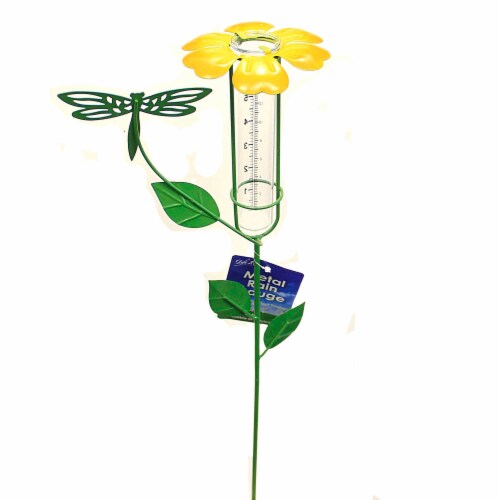 Home & Garden Flower Top Rain Guage Metal Yard Decor Stake Ge410 Yellow Perspective: top
