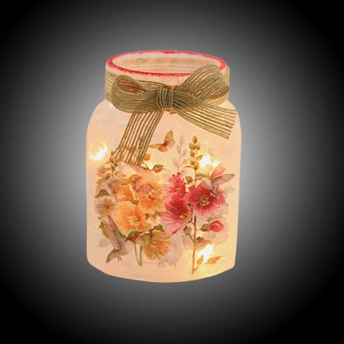 Stony Creek Hollyhocks Lit Jar With Bow Flowers Electric Mother's Day Llh2272 Yellow Perspective: top