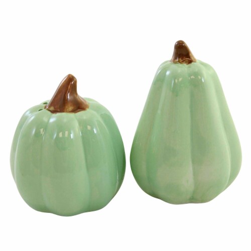 Tabletop Pumpkin Salt And Pepper Shaker Dolomite Halloween Fall H8400 Green Perspective: top