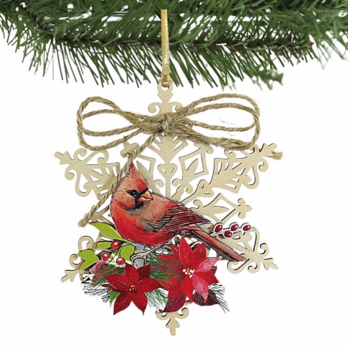 Holiday Ornament Cardinal Snowflake Wood Poinsettia Red Bird 135066 Left Perspective: top