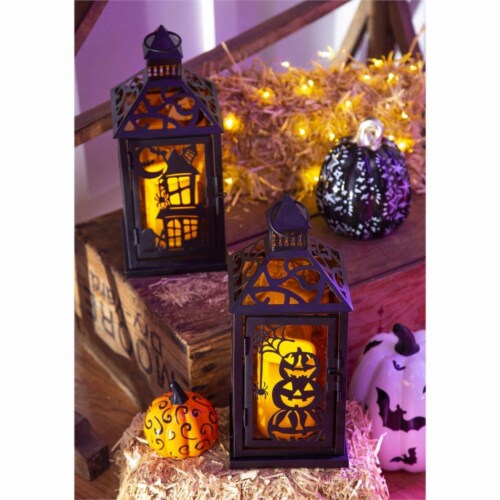 Halloween Led Metal Lantern Metal Stacked Pumpkin Haunted House 8Led593 House Perspective: top