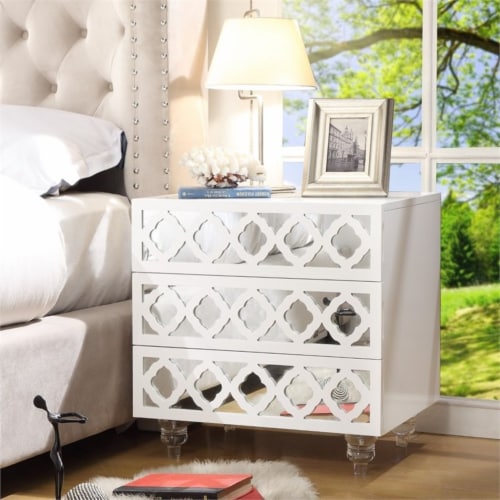 Serenity White Glossy Mirrored Nightstand 3 Drawers Modern in