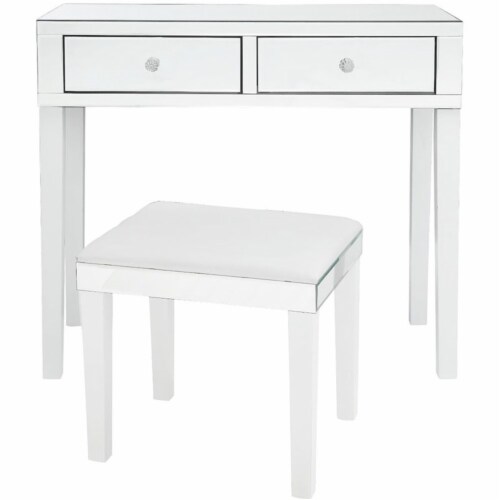 Caleb Mirrored White Vanity Set - 2 Drawers - 2 Piece Set in White - Posh Living Perspective: top