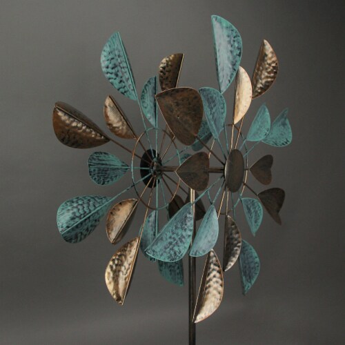 Copper and Verdigris Leaf-Shaped Double Pinwheel Wind Spinner Garden Stake 63 Inches Perspective: top