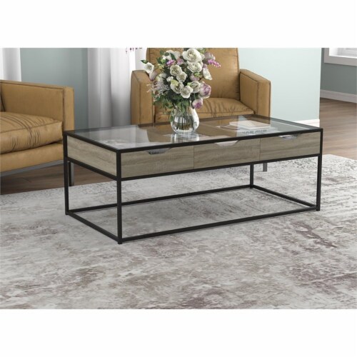 Safdie & Co. 49 L Coffee Table Glass Top 3 Drawers Black Metal in Dark