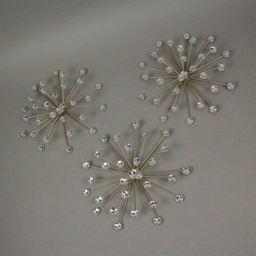 Jeweled Metal Bursting Star Wall Mounted Hanging Sculpture Set of 3 Burst - Gold Perspective: top
