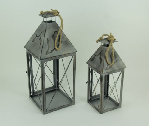 Vintage Grey Metal Bird On Branch Square Candle Lantern Set of 2 Perspective: top