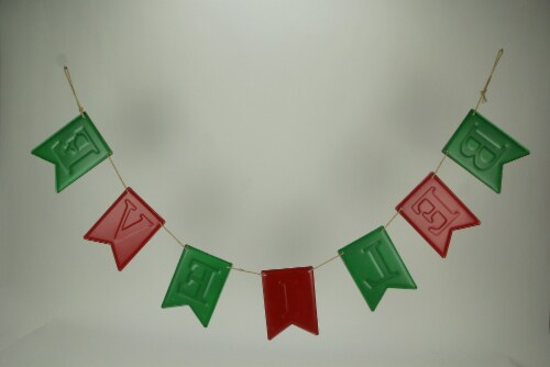 Red and Green Enamel Metal Believe Banner Christmas Rope Garland Holiday Decor Perspective: top