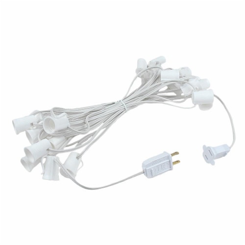 25 Foot C9 LED Warm White Christmas Light Set, Hanging String Lights, White Wire Perspective: top