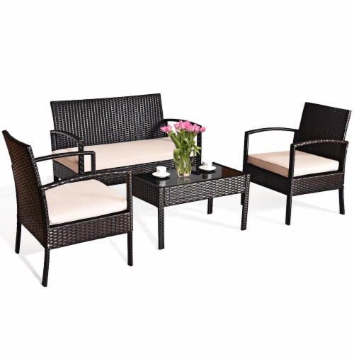 Costway 4PCS Patio Rattan Conversation Furniture Set Cushioned Seat Glass Table Perspective: top